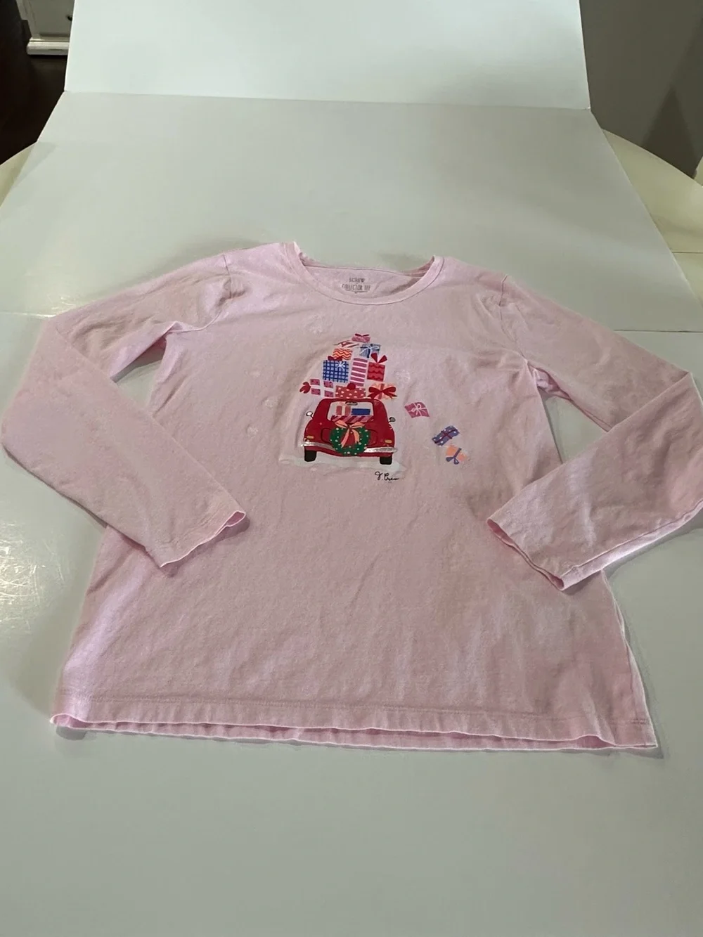 J. Crew women’s Pink Long-Sleeve Holiday Gift-Print long sleeve tshirt